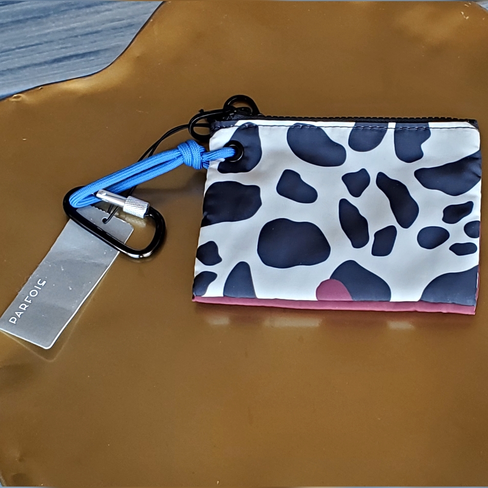 Parfois Cow/LeopardPrint Double Zip Pouch Wallet With Key Clip, Black/Plum, NWT